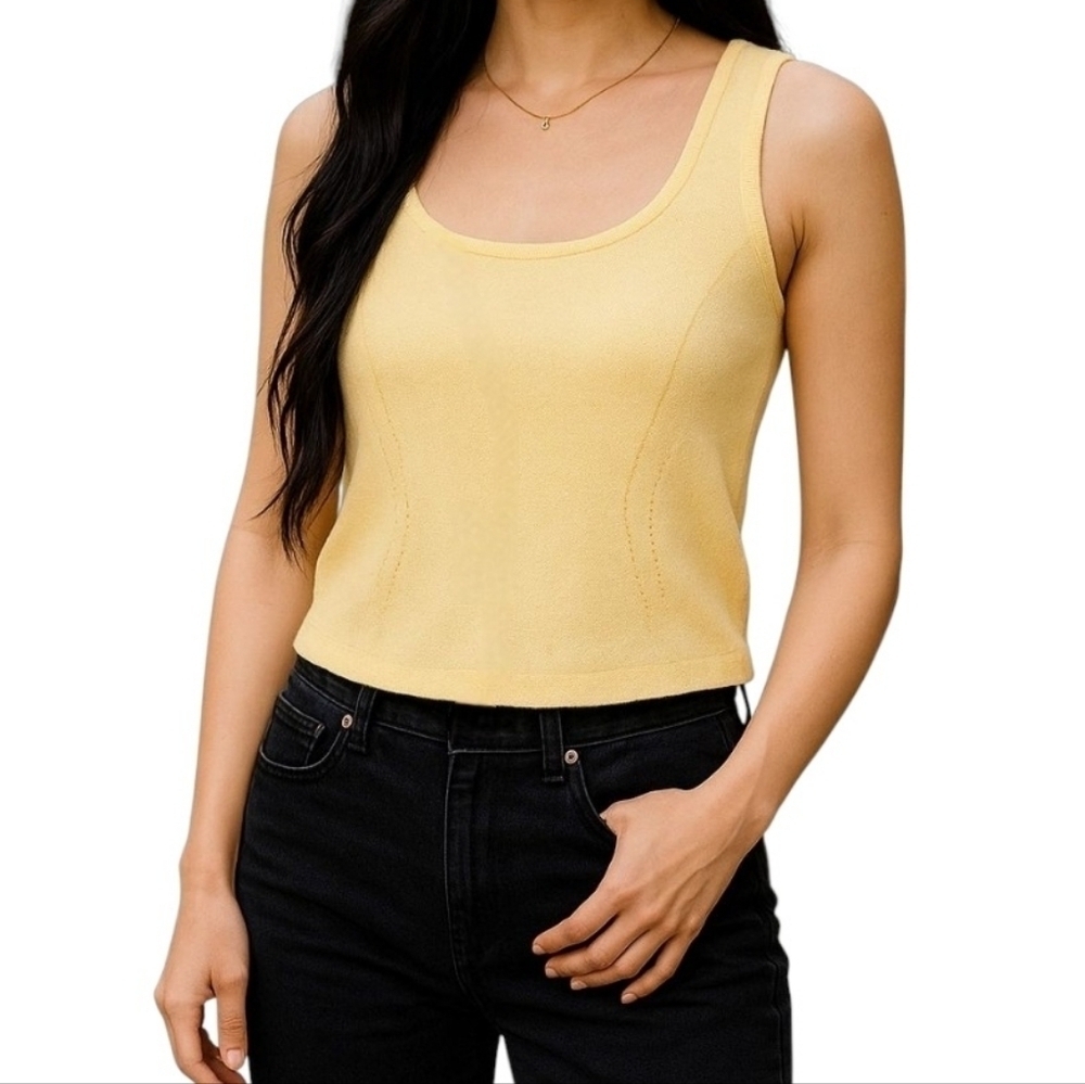 St. John Knit Square Neck Sweater Cami with Scalloped Hem in Yellow Size Large